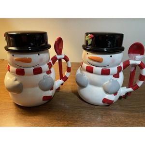 Set Of 2 Snowman Mugs w/ Spoon & Lid Christmas by St. Nicholas Square Tree Lot